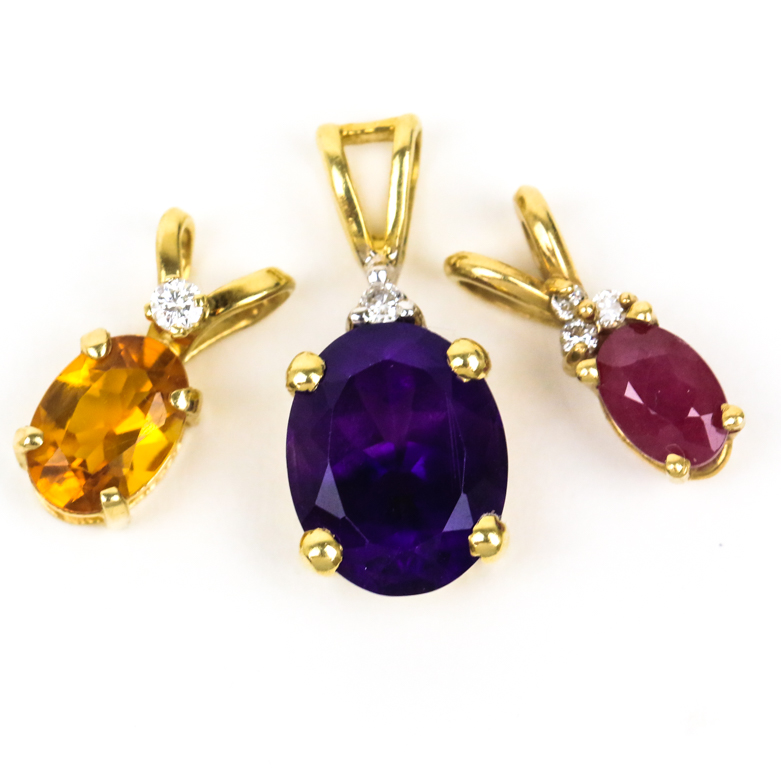 Three 14K Yellow Gold, Diamond, and Gemstone Pendants