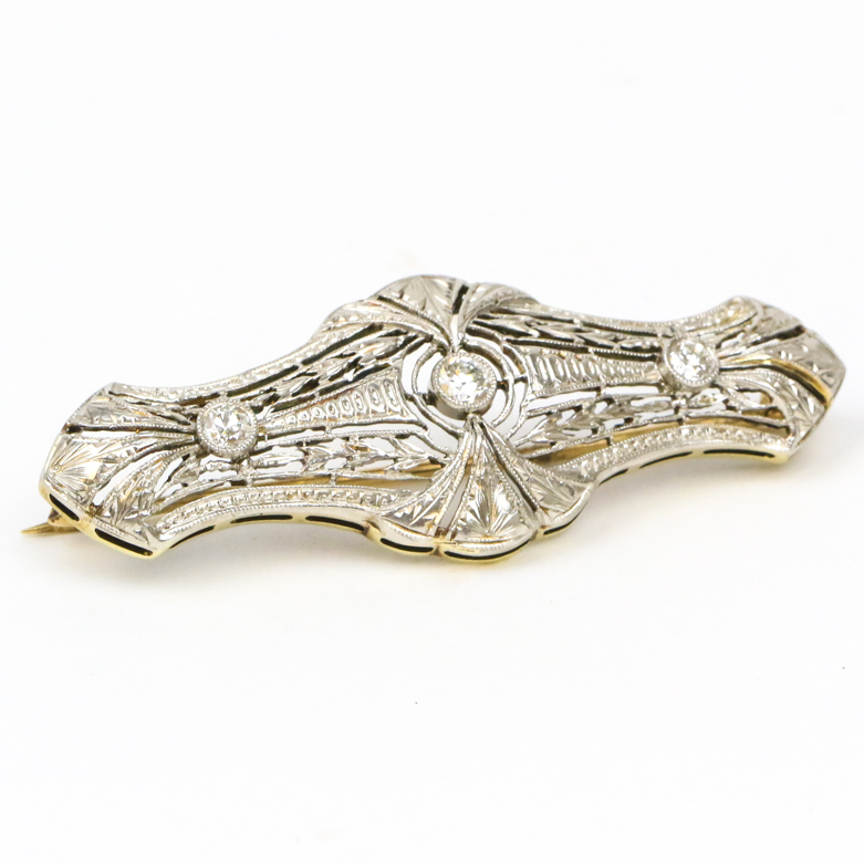 Late Edwardian Platinum Over 14K Yellow Gold and Diamond Bar Brooch