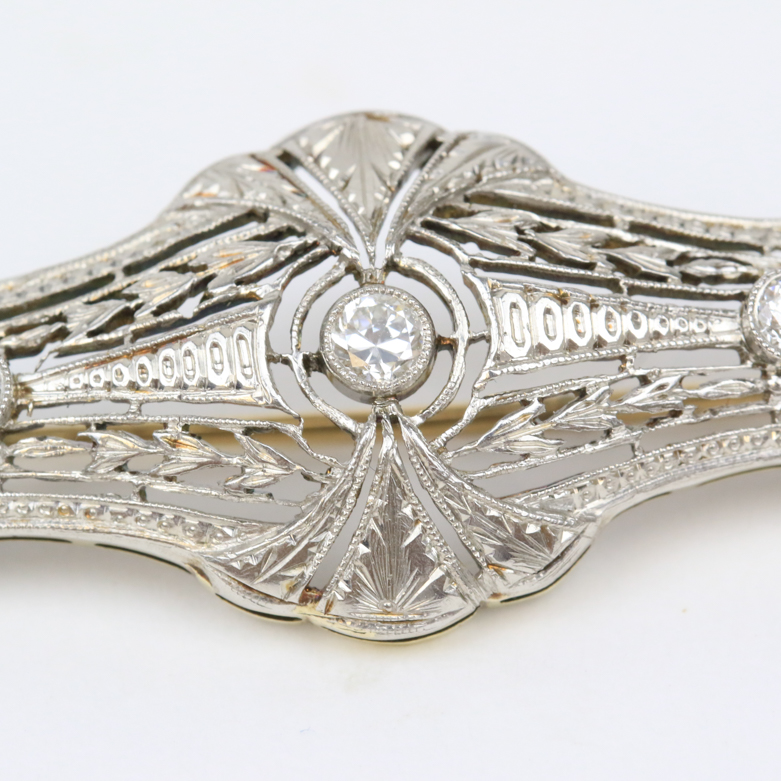 Late Edwardian Platinum Over 14K Yellow Gold and Diamond Bar Brooch