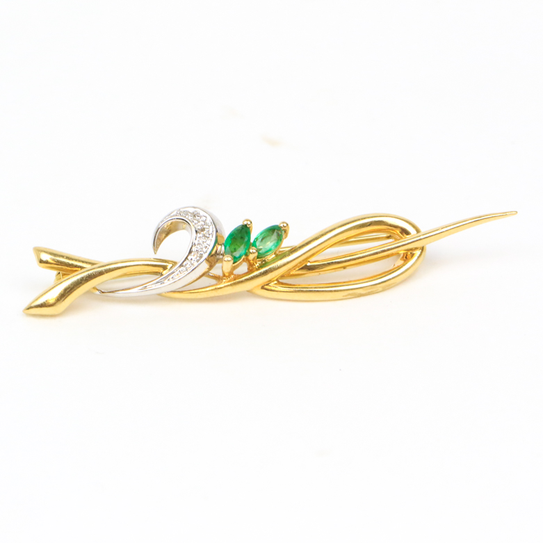 14K Two-Tone Gold, Emerald, and Diamond Brooch