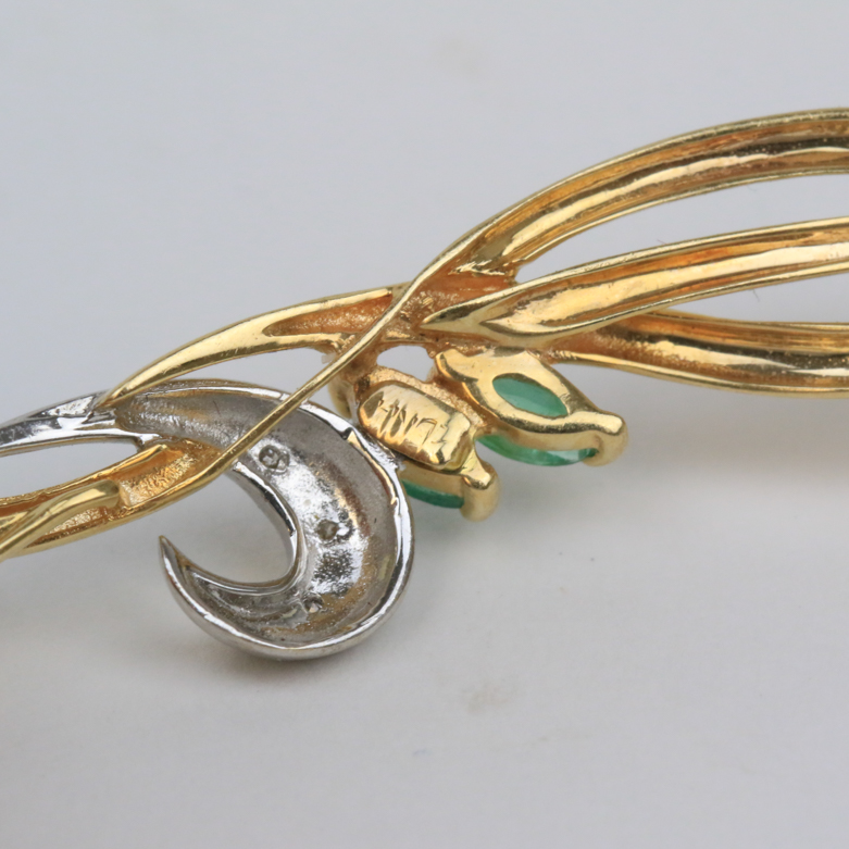 14K Two-Tone Gold, Emerald, and Diamond Brooch