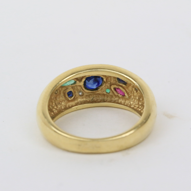 14K Yellow Gold, Diamond, Sapphire, Ruby, and Emerald Band