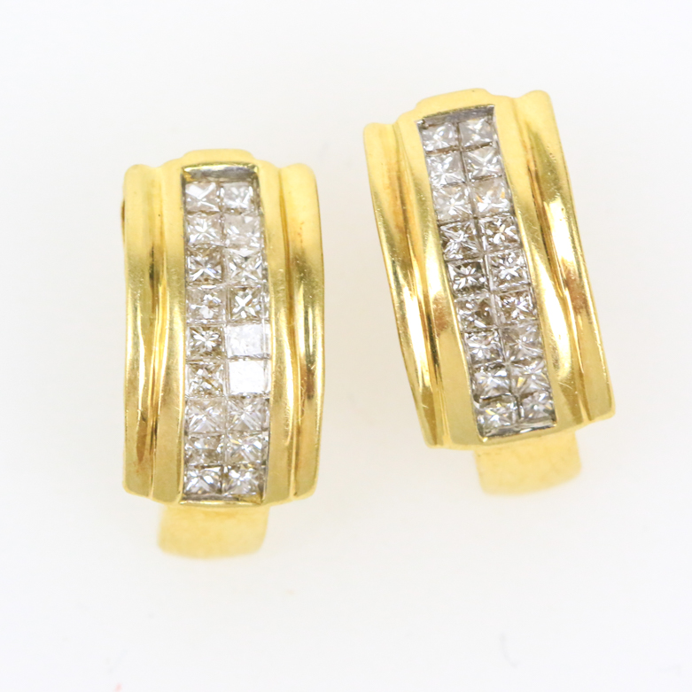 14K Yellow Gold and Invisible Set Diamond Half Hoop Earrings