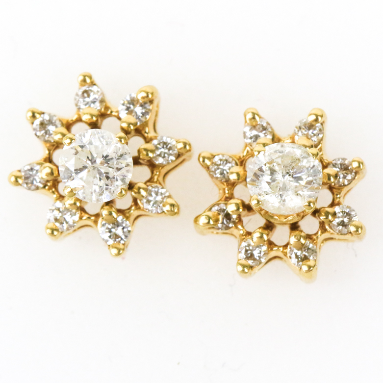 14K Yellow Gold and Diamond Flower Stud Earrings