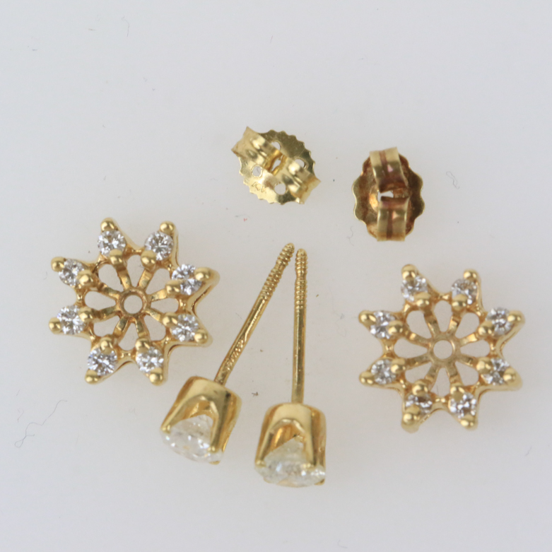 14K Yellow Gold and Diamond Flower Stud Earrings