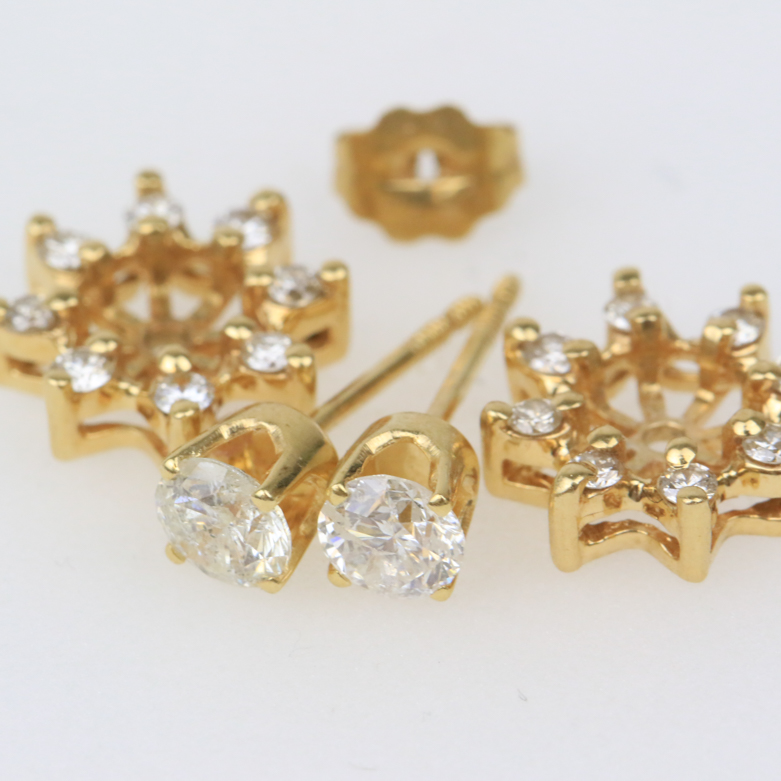 14K Yellow Gold and Diamond Flower Stud Earrings