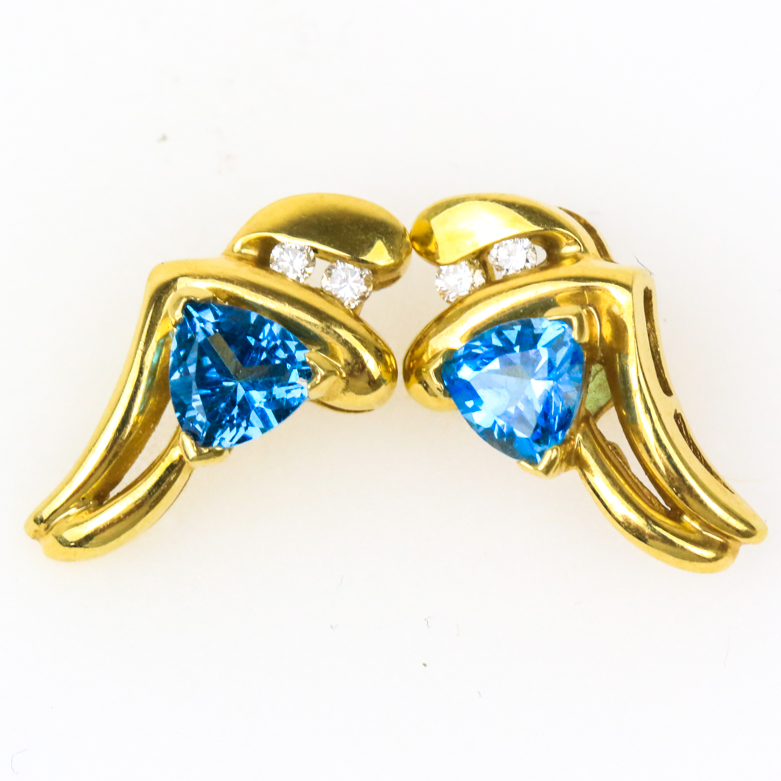 14K Yellow Gold, Blue Topaz, and Diamond Stud Earrings