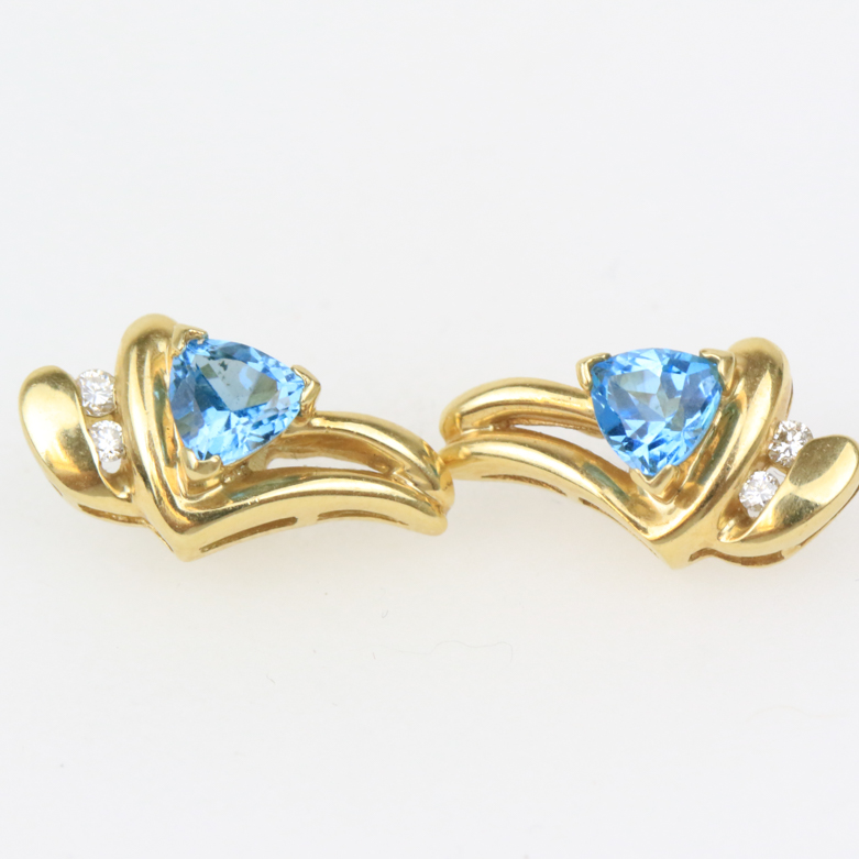 14K Yellow Gold, Blue Topaz, and Diamond Stud Earrings