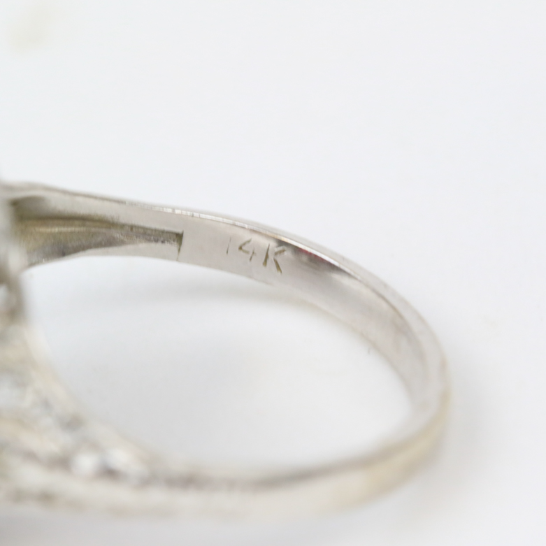 Late Edwardian 14K White Gold and Synthetic Garnet Filigree Ring