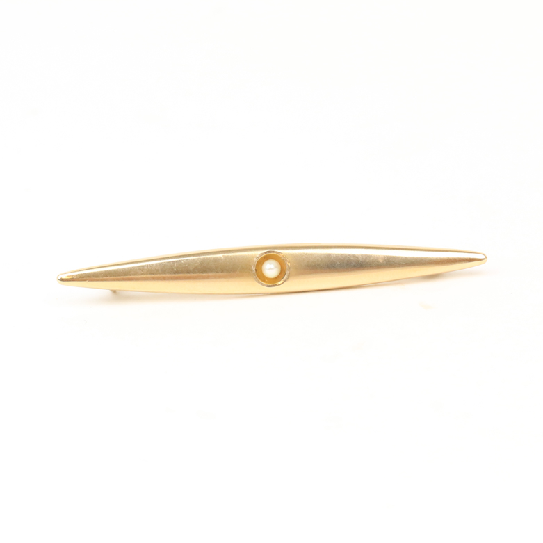 Mid-Century 10K Yellow Gold and Button Pearl Bar Brooch