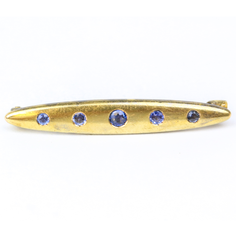 Victorian 10K Yellow Gold and Flush Set Sapphire Bar Brooch