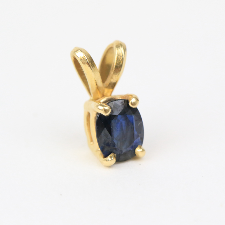 Pair of 14K Yellow Gold and Sapphire Solitaire Pendants