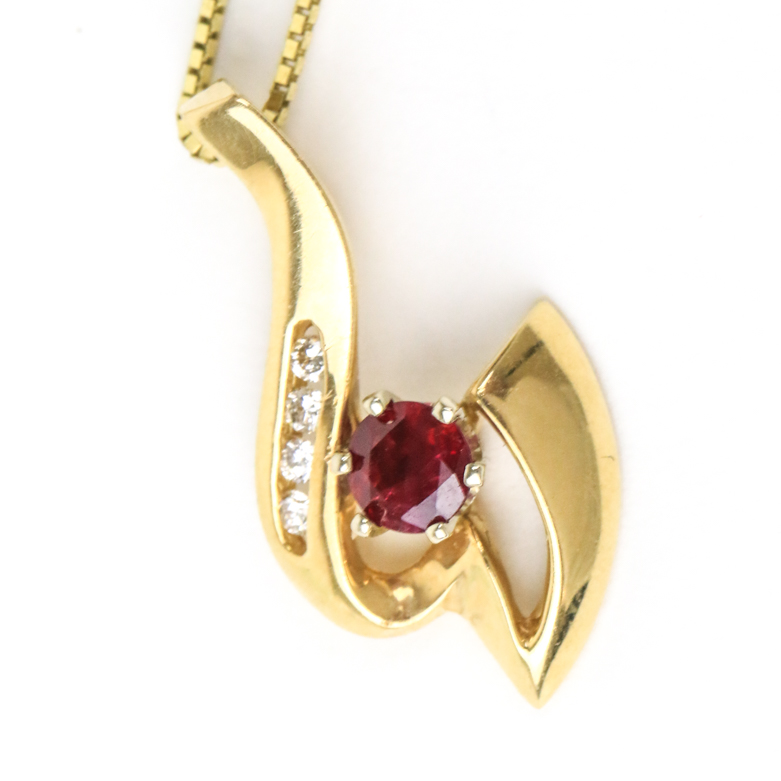 14K Yellow Gold, Ruby, and Diamond Pendant Necklace with 10K Chain