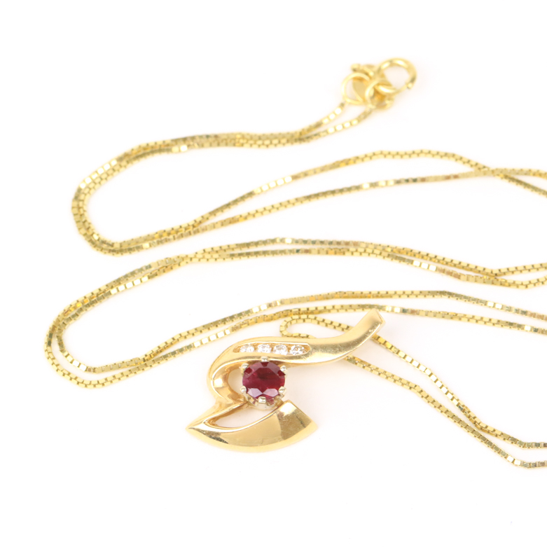14K Yellow Gold, Ruby, and Diamond Pendant Necklace with 10K Chain