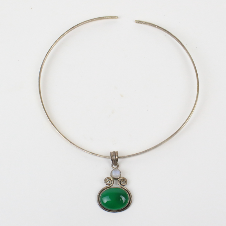Sterling Silver, Moonstone, and Green Carnelian Pendant Collar Necklace
