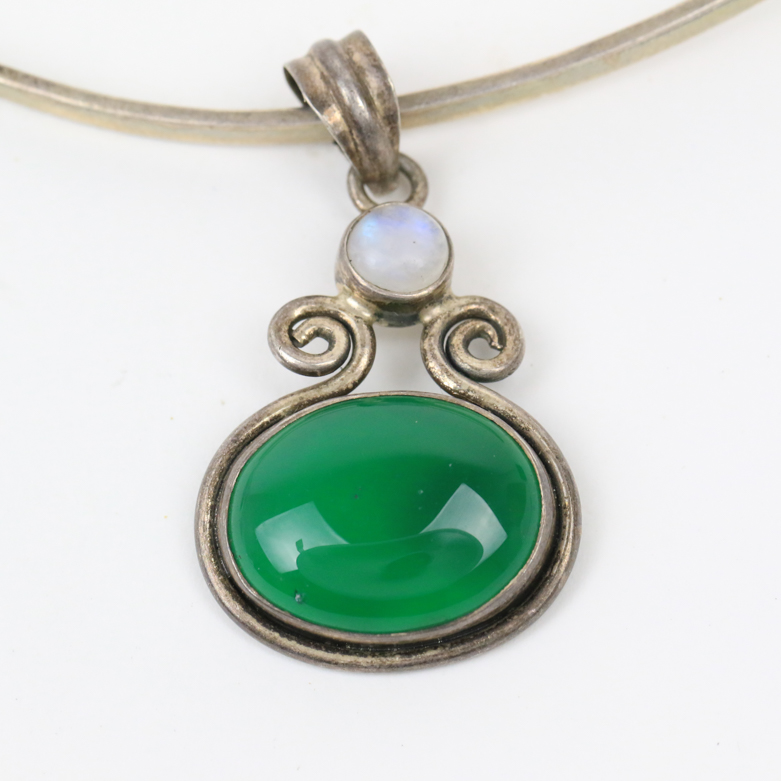 Sterling Silver, Moonstone, and Green Carnelian Pendant Collar Necklace