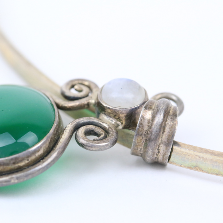 Sterling Silver, Moonstone, and Green Carnelian Pendant Collar Necklace