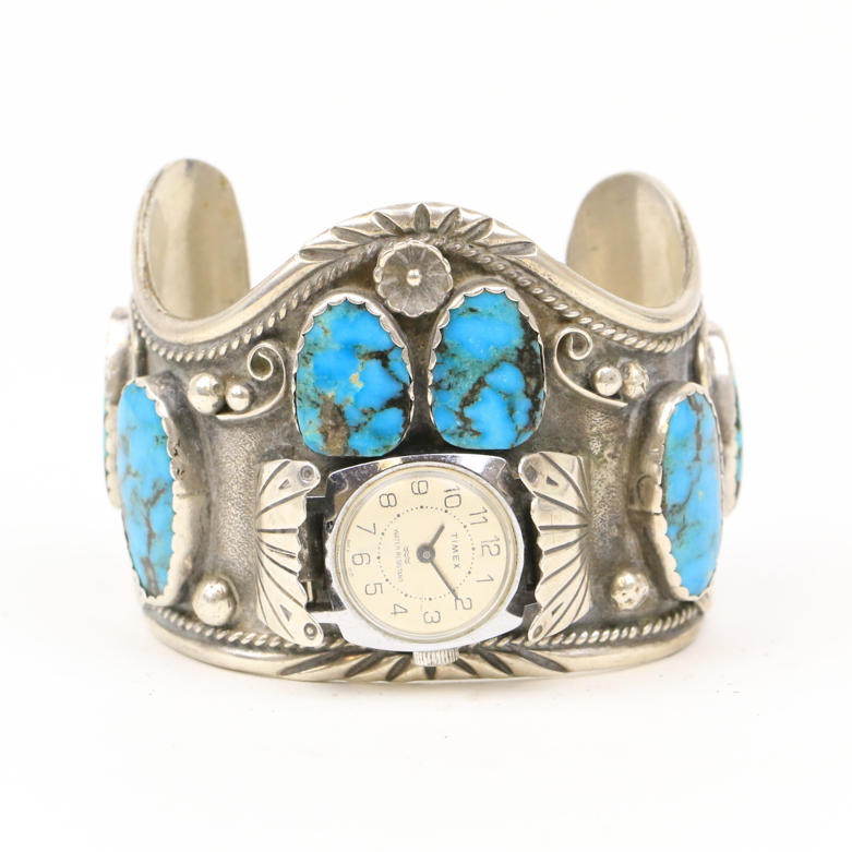 Sterling Silver and Turquoise Cuff Bracelet Watch