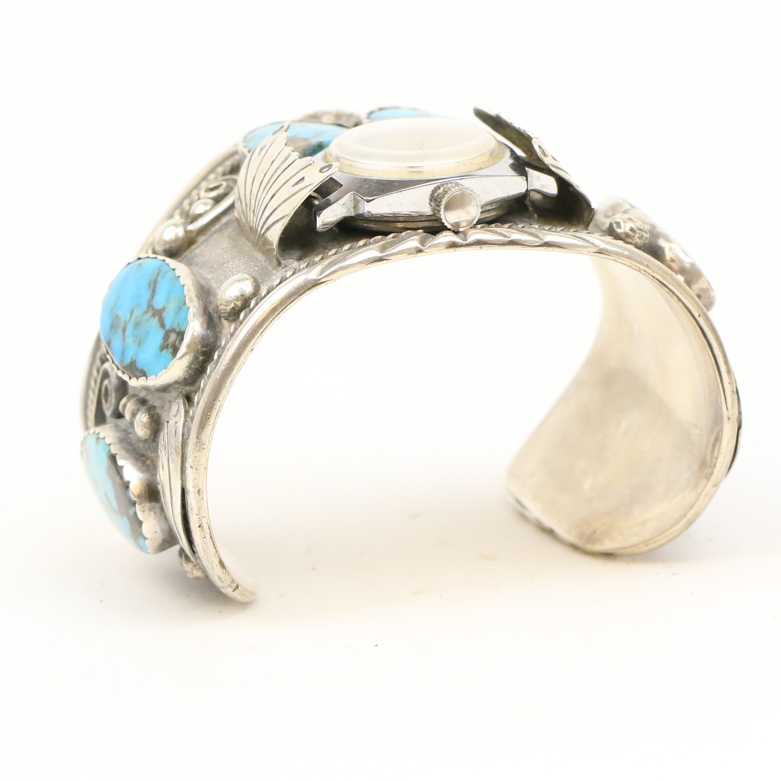Sterling Silver and Turquoise Cuff Bracelet Watch