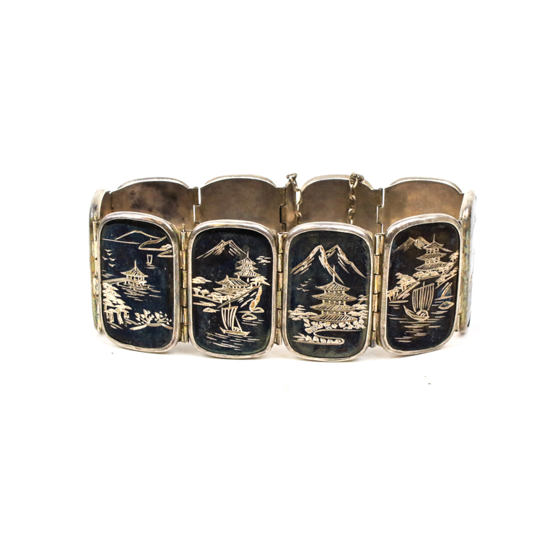 950 Silver Nielloware Panel Bracelet