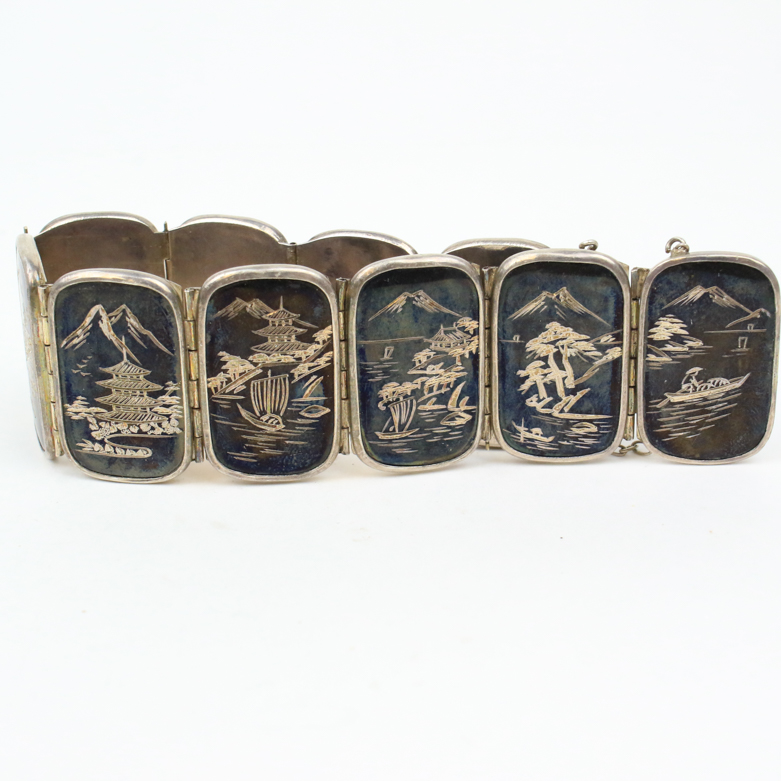 950 Silver Nielloware Panel Bracelet