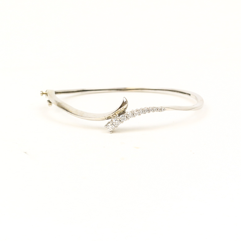 14K White Gold and Diamond Bypass Bangle
