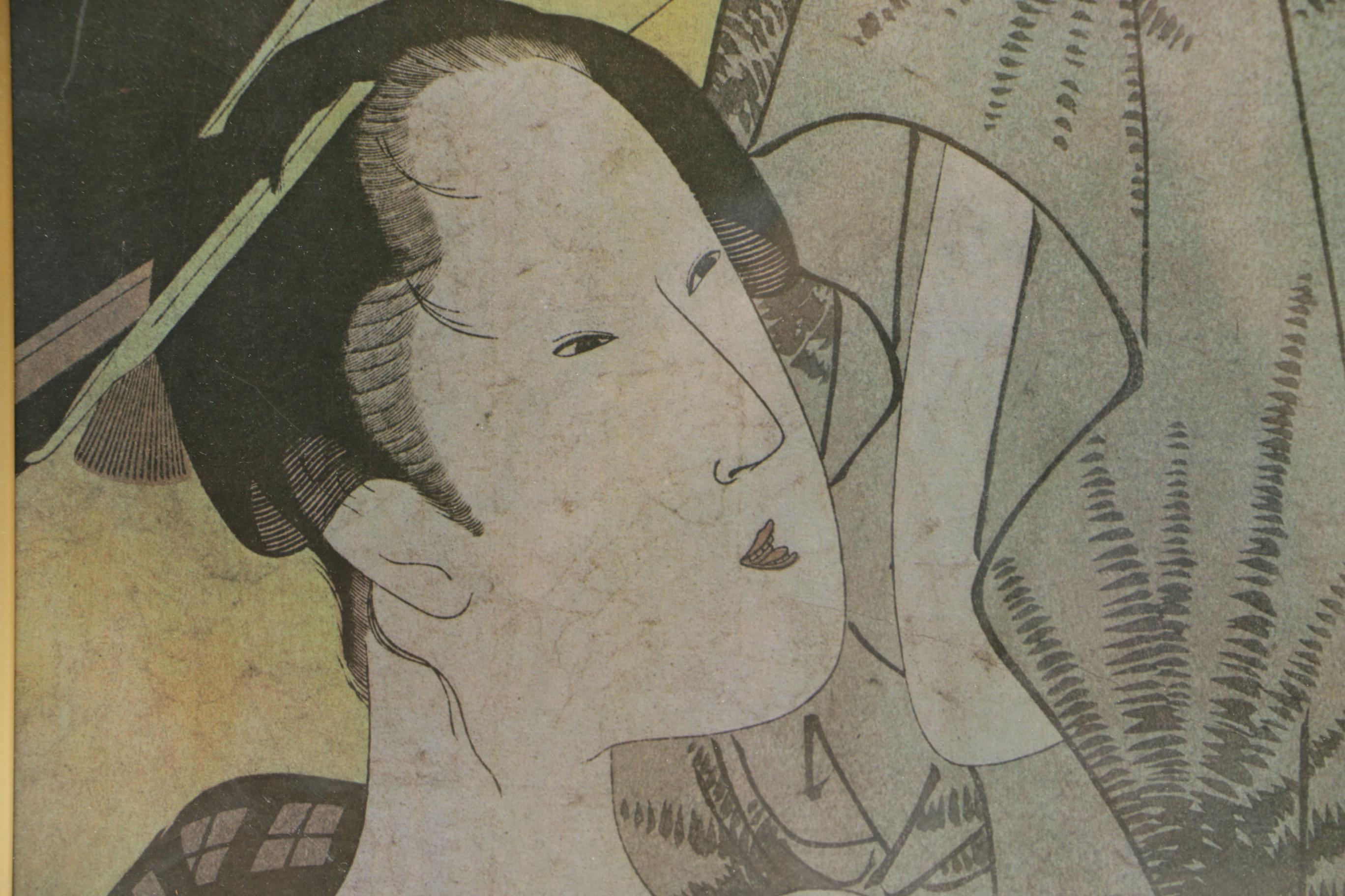 Offset Lithograph After Utamaro's "Women After the Bath" and Chinese Gouache Painting
