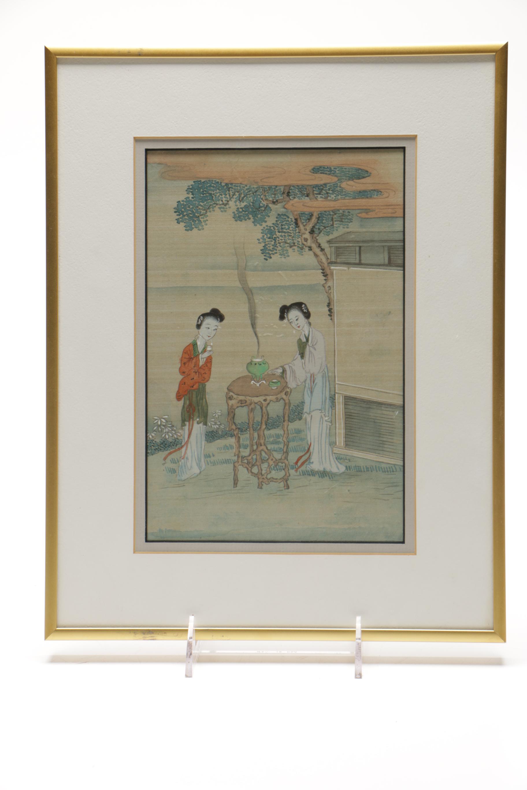 Offset Lithograph After Utamaro's "Women After the Bath" and Chinese Gouache Painting