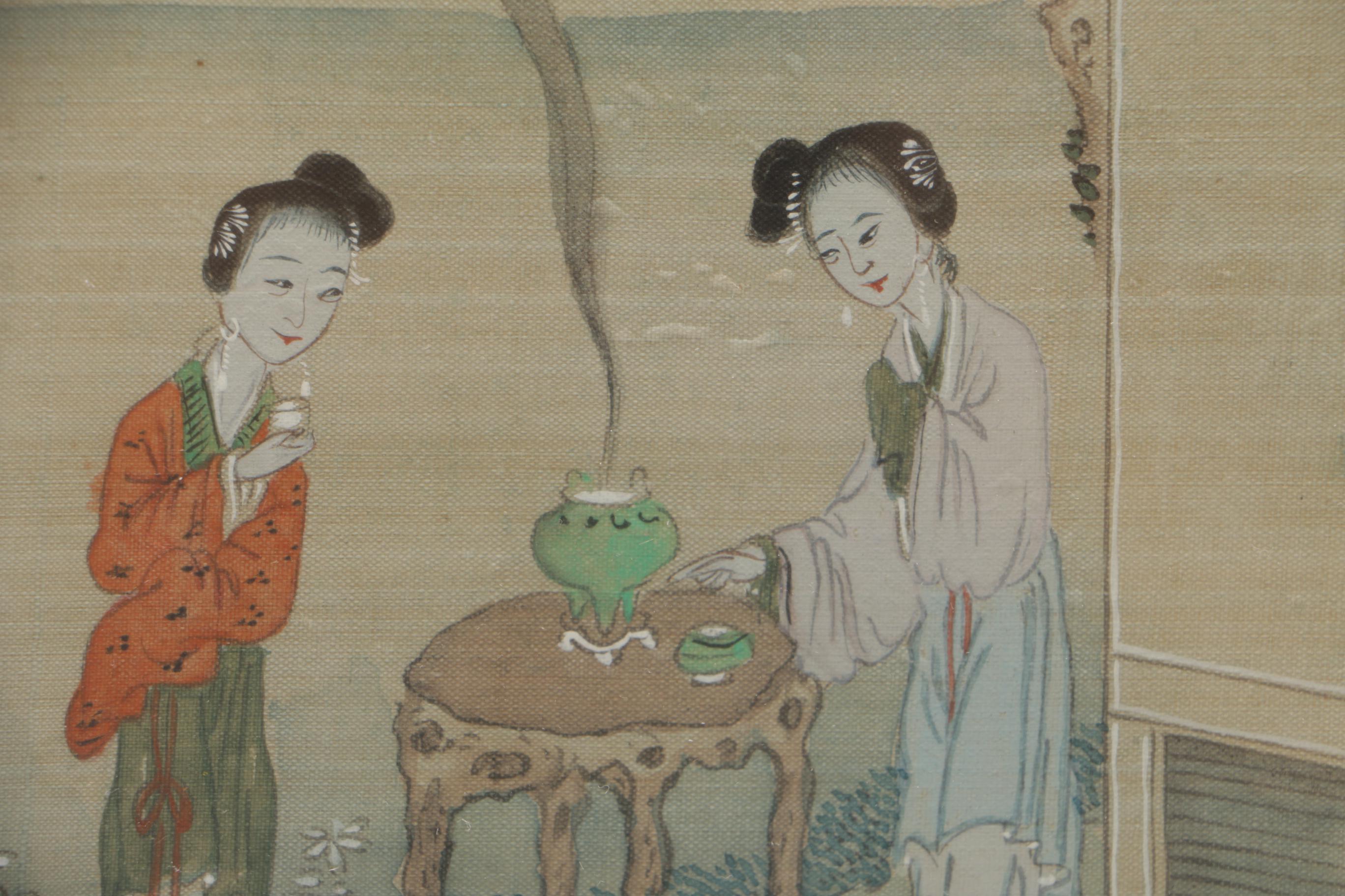 Offset Lithograph After Utamaro's "Women After the Bath" and Chinese Gouache Painting