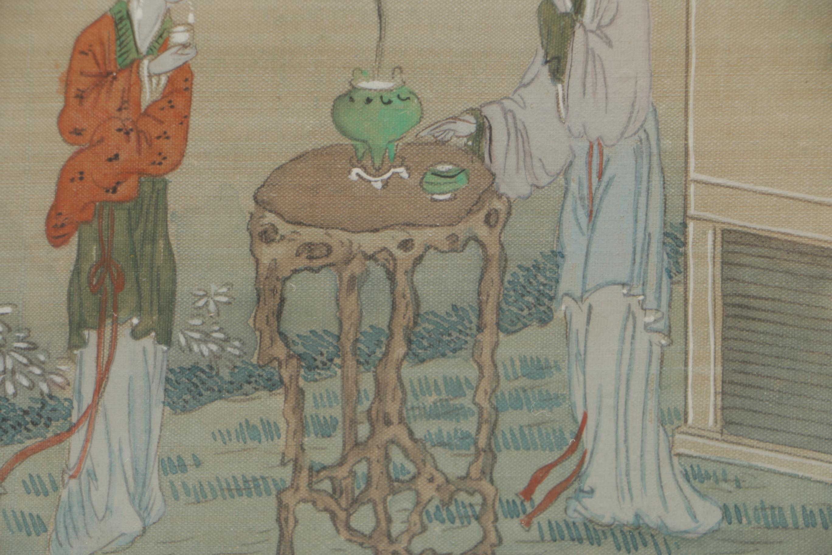 Offset Lithograph After Utamaro's "Women After the Bath" and Chinese Gouache Painting