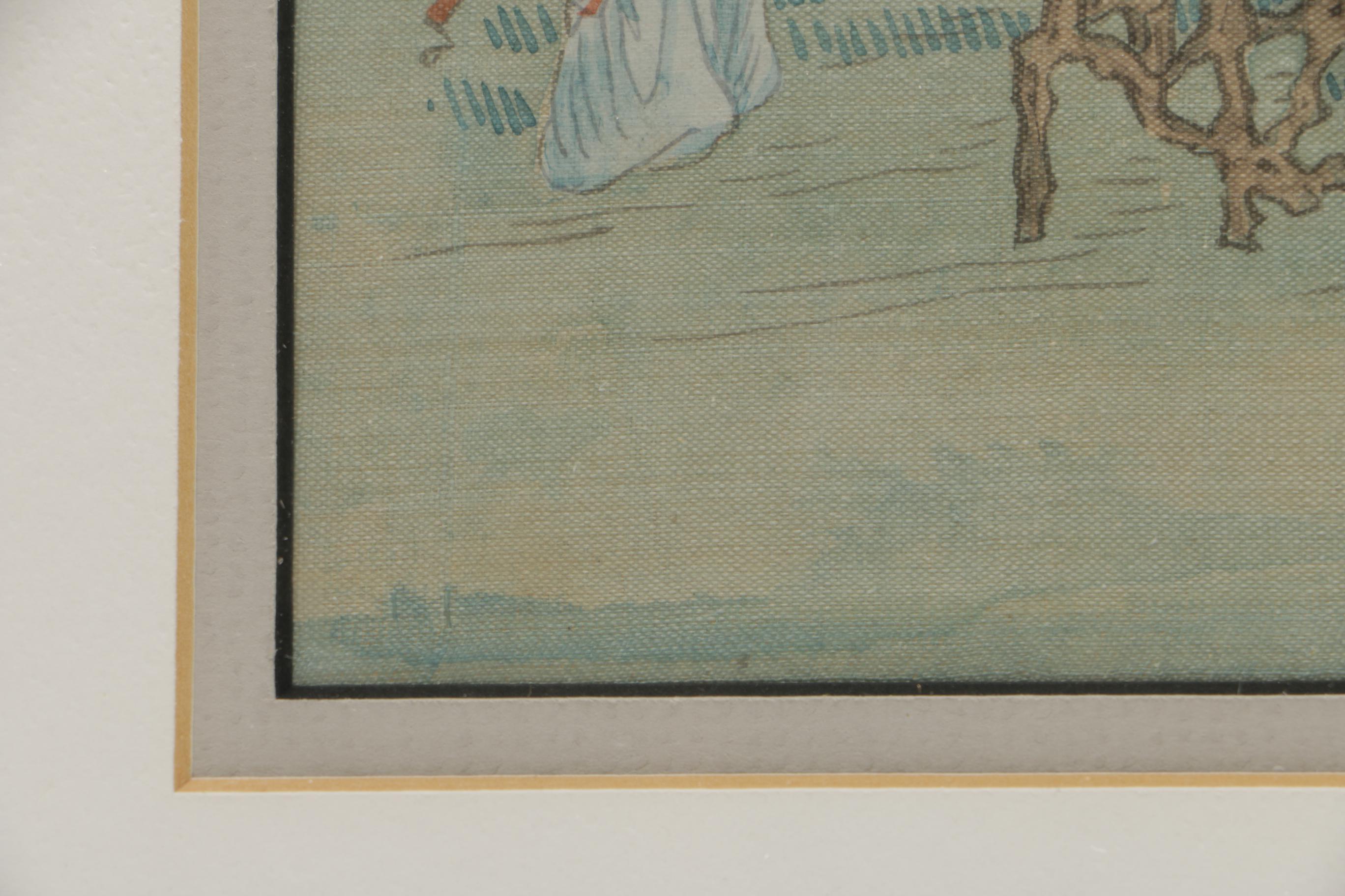 Offset Lithograph After Utamaro's "Women After the Bath" and Chinese Gouache Painting