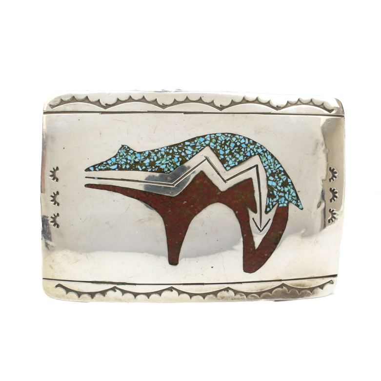Native American Style Sterling Silver, Coral, and Turquoise Bear Belt Buckle