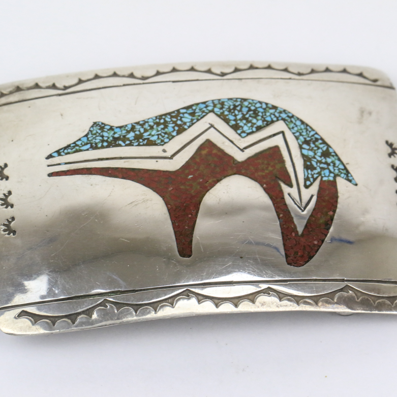Native American Style Sterling Silver, Coral, and Turquoise Bear Belt Buckle