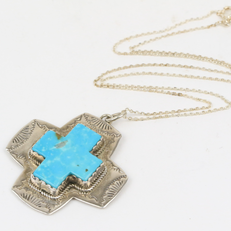Southwest Style Sterling Silver and Turquoise Cross Pendant Necklace