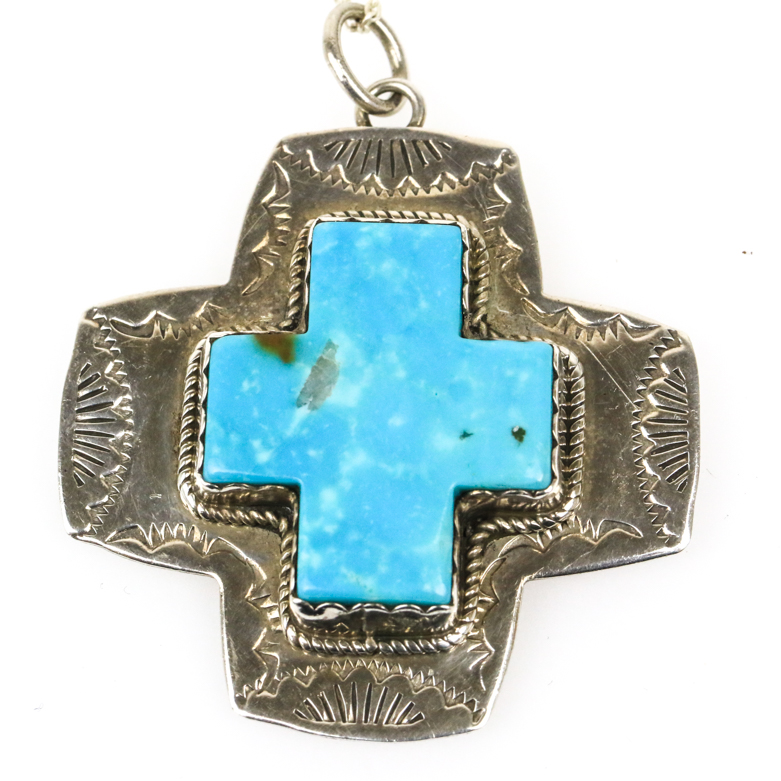 Southwest Style Sterling Silver and Turquoise Cross Pendant Necklace