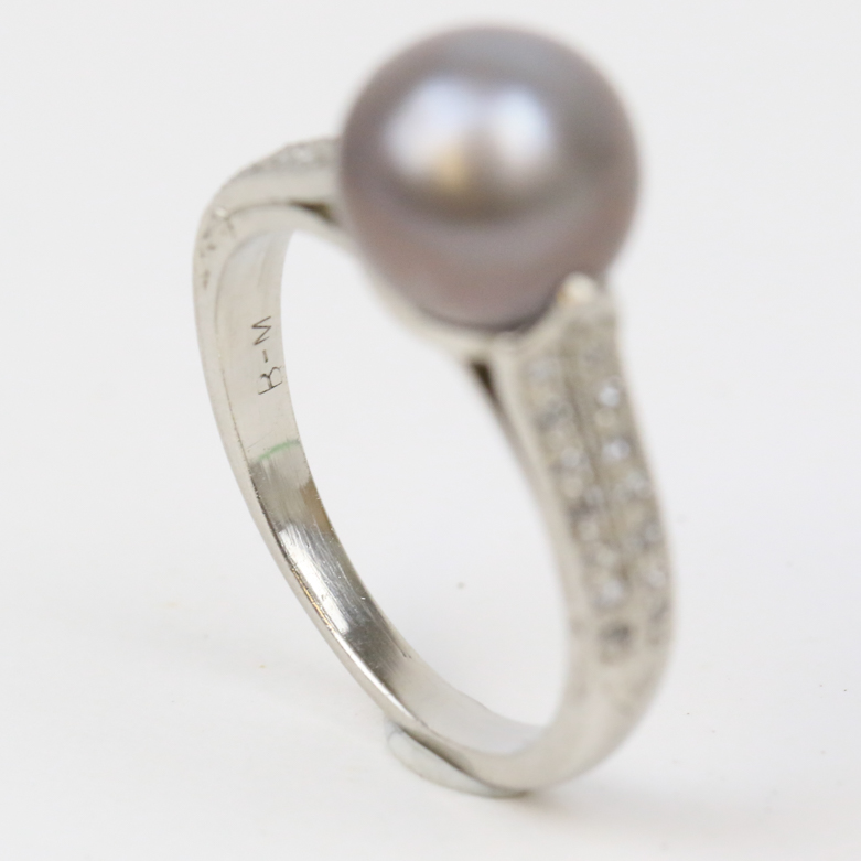 Platinum, Gray Pearl, and Diamond Cathedral Ring
