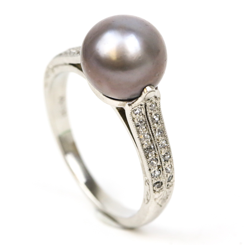 Platinum, Gray Pearl, and Diamond Cathedral Ring