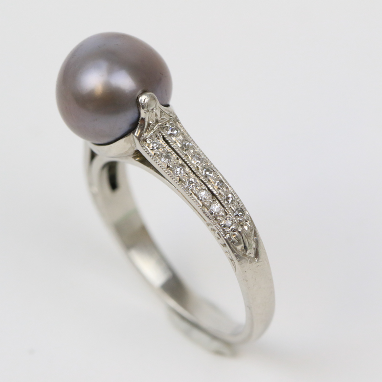 Platinum, Gray Pearl, and Diamond Cathedral Ring