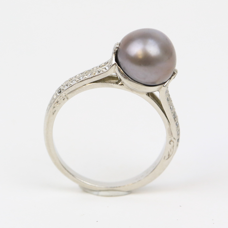 Platinum, Gray Pearl, and Diamond Cathedral Ring