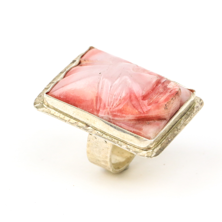 Vintage Sterling Silver and Carved Agate Aztec Warrior Face Ring