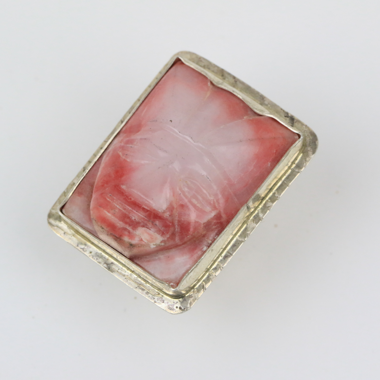 Vintage Sterling Silver and Carved Agate Aztec Warrior Face Ring