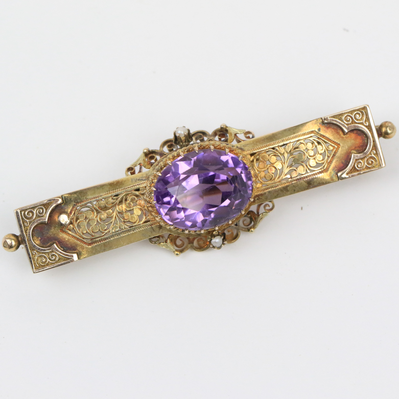 Victorian 14K Yellow Gold, 9.50 CTS Amethyst, and Seed Pearl Filigree Bar Brooch