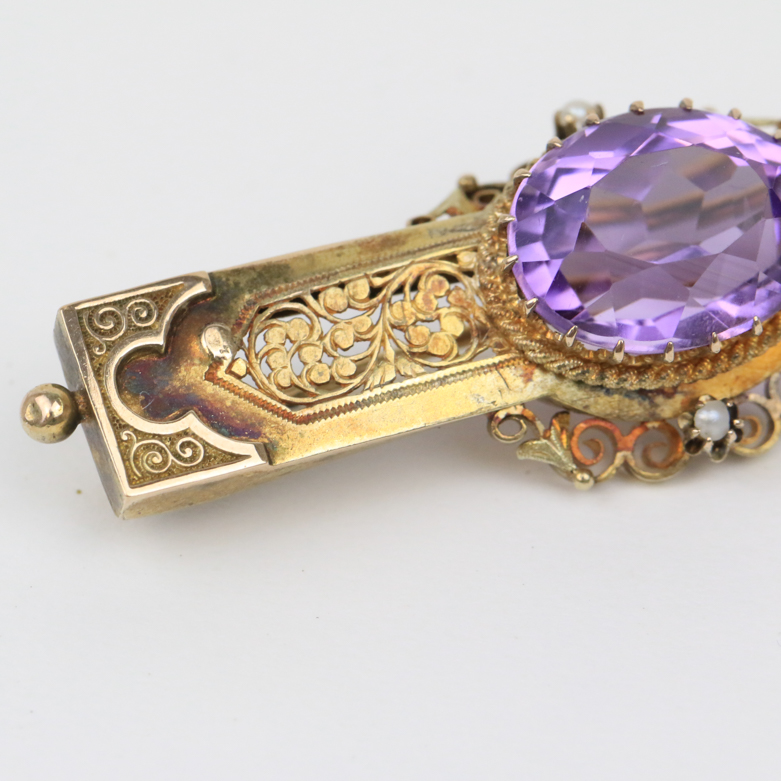 Victorian 14K Yellow Gold, 9.50 CTS Amethyst, and Seed Pearl Filigree Bar Brooch
