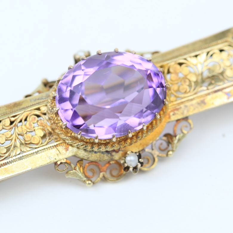 Victorian 14K Yellow Gold, 9.50 CTS Amethyst, and Seed Pearl Filigree Bar Brooch