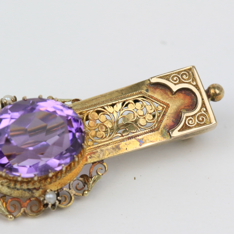 Victorian 14K Yellow Gold, 9.50 CTS Amethyst, and Seed Pearl Filigree Bar Brooch