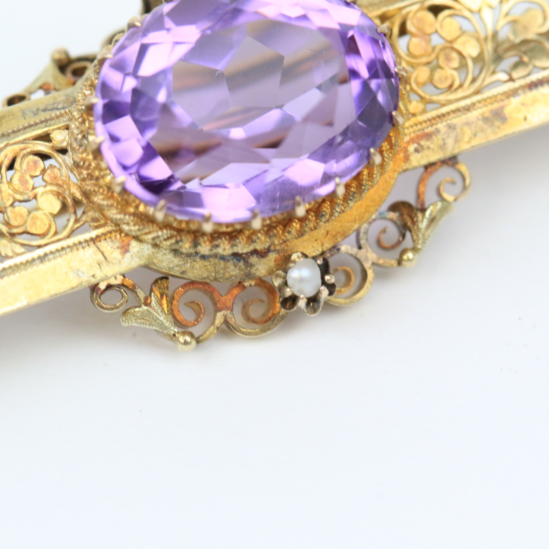 Victorian 14K Yellow Gold, 9.50 CTS Amethyst, and Seed Pearl Filigree Bar Brooch