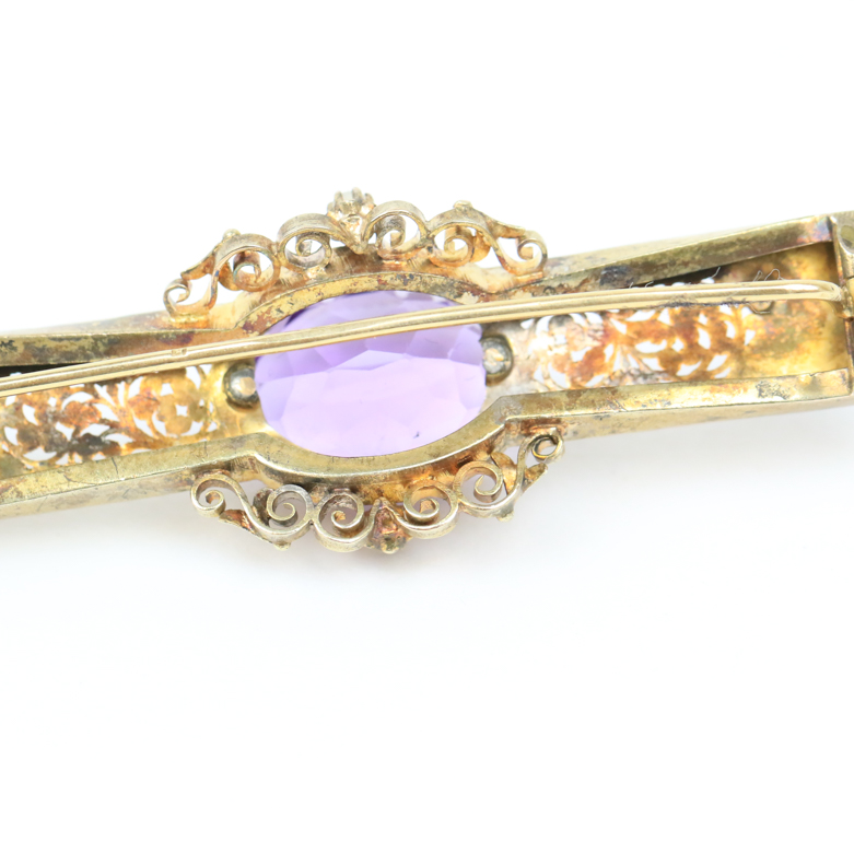 Victorian 14K Yellow Gold, 9.50 CTS Amethyst, and Seed Pearl Filigree Bar Brooch