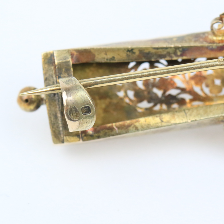 Victorian 14K Yellow Gold, 9.50 CTS Amethyst, and Seed Pearl Filigree Bar Brooch