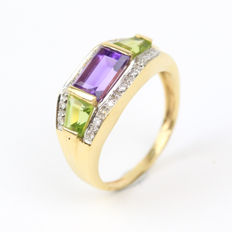 14K Yellow Gold, Amethyst, Peridot, and Diamond Ring
