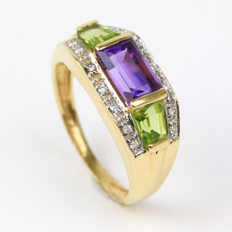 14K Yellow Gold, Amethyst, Peridot, and Diamond Ring